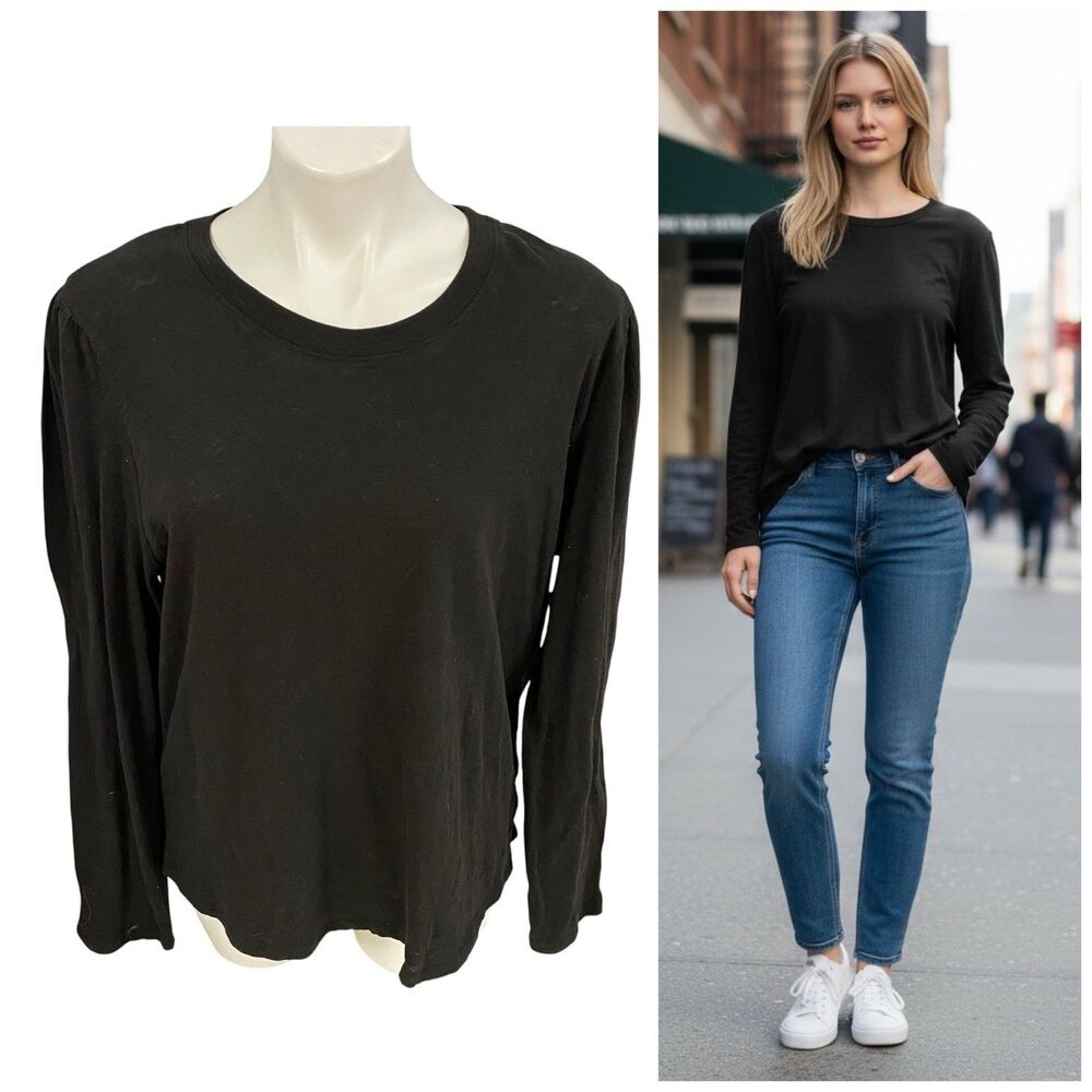 Time and Tru Top Womens Large Black Shirt Slub Knit Puff Long Sleeve Lounge Tee